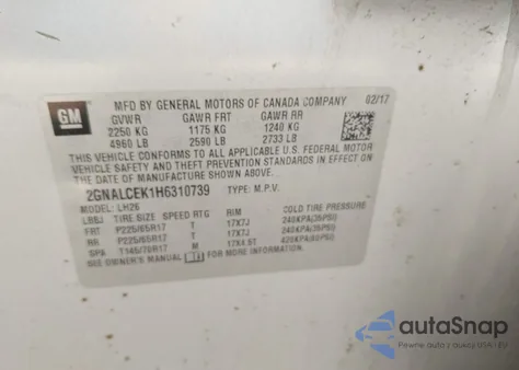 2017 Chevrolet Equinox Lt z USA, uszkodzony, nr VIN 2GNALCEK1H6310739